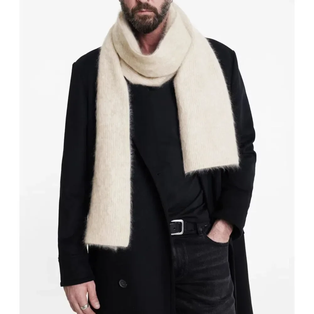 JOHN VARVATOS Scarf Mens Cream Long Rectangle 100% Cashmere LEA 80x10 $298